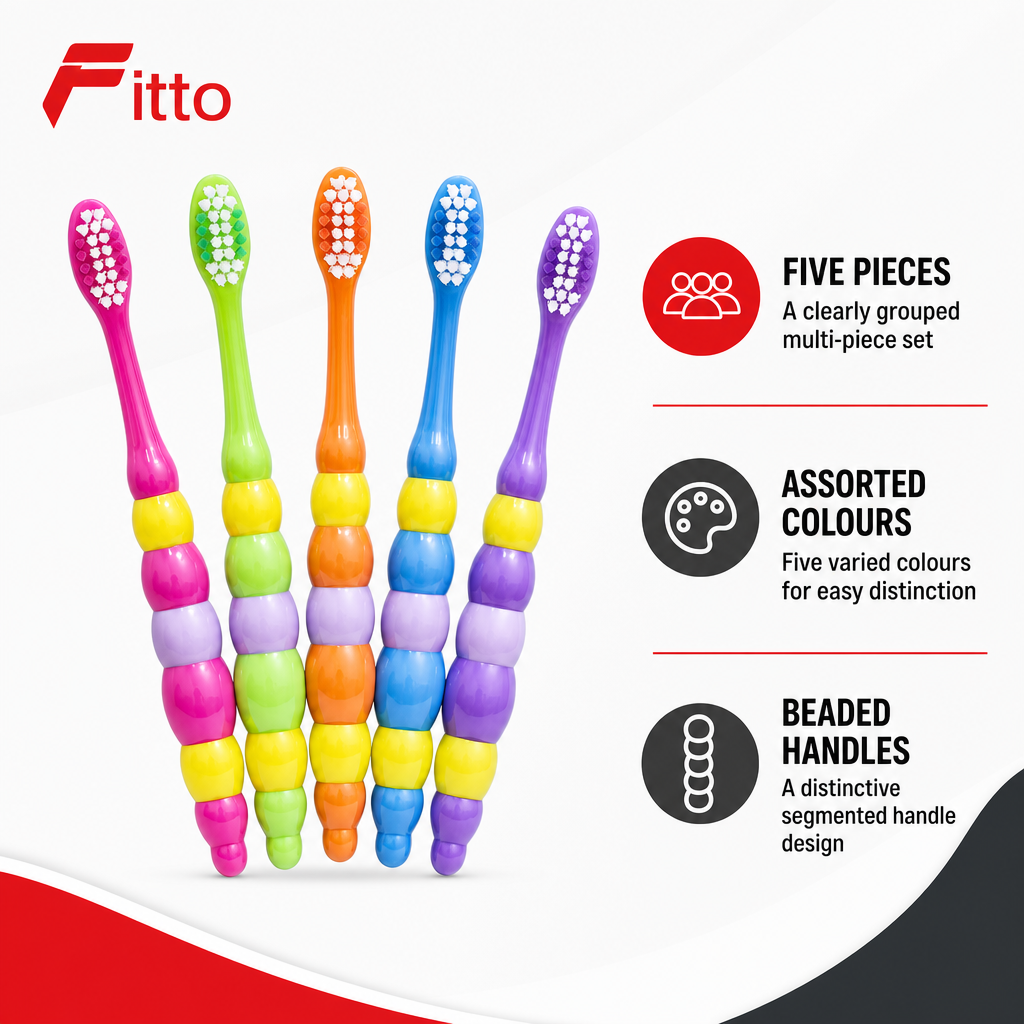 144 Pieces Assorted Colour Toothbrushes with Beaded Handles, 5-Piece Set