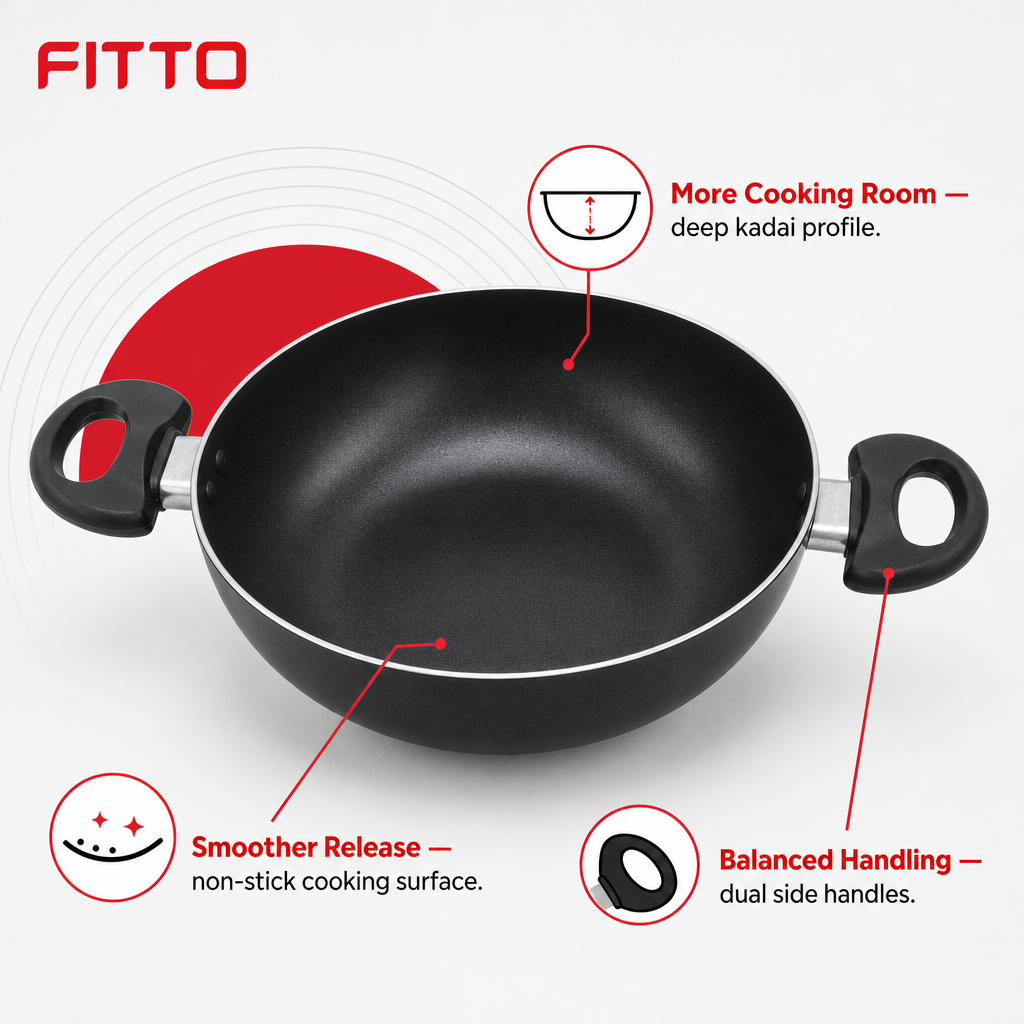 72 Pieces Non-Stick Kadai Deep Frying Pan with Dual Handles, 26 cm, Black, 1 Piece