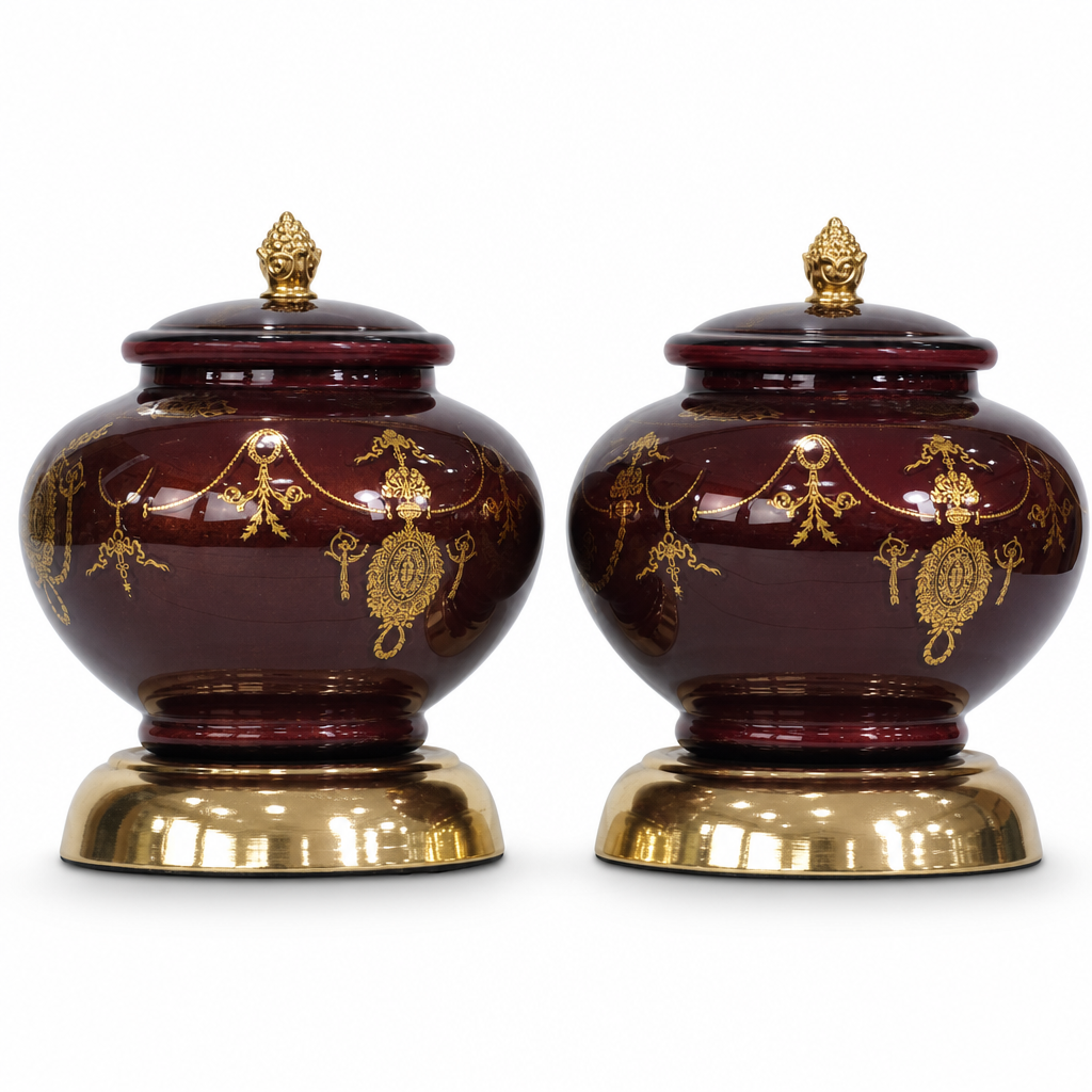 48 Pieces Decorative Ceramic Storage Jar Set, Maroon and Gold, 2 Pieces
