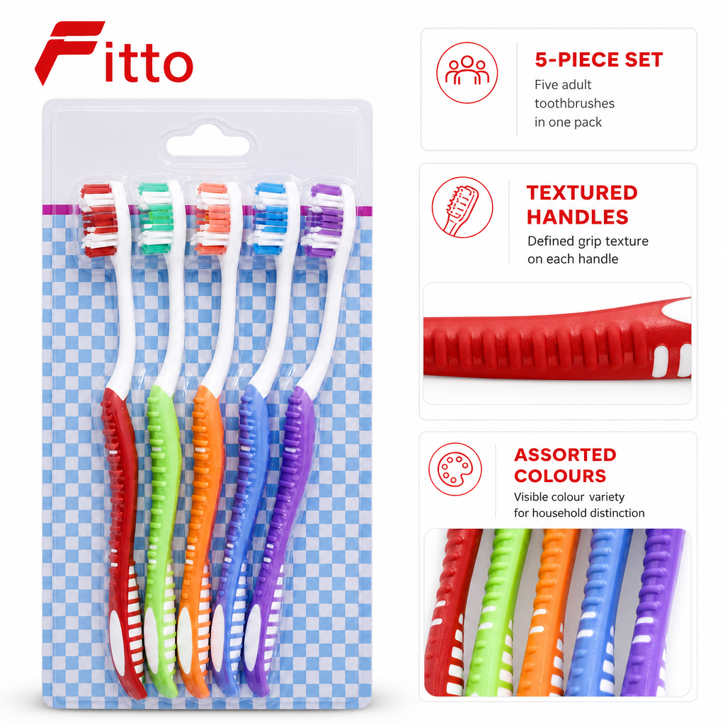 144 Pieces Adult Toothbrush Sets, Assorted Colours with Textured Handles, 5 Pieces