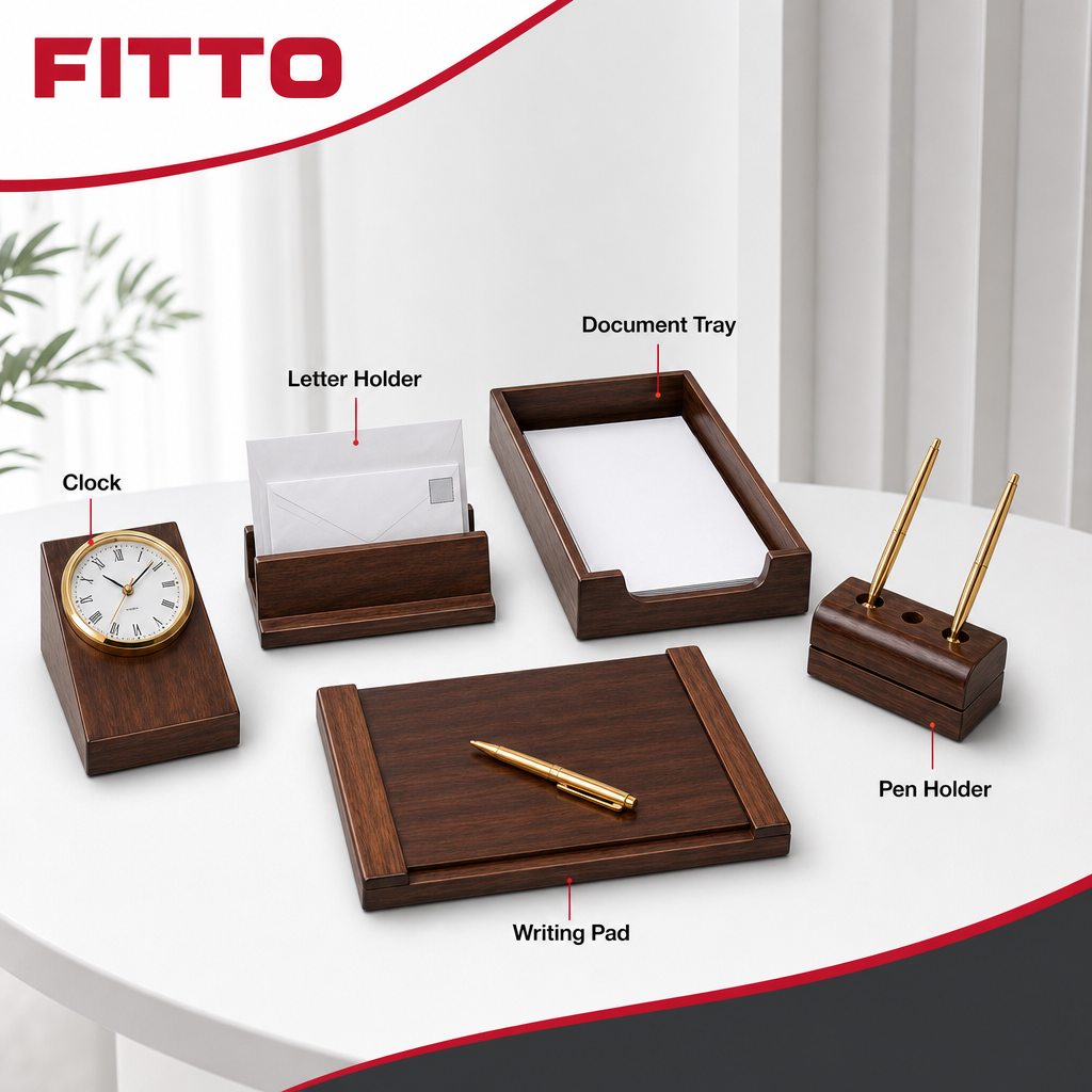 48 Pieces 5-Piece Executive Desk Set with Clock, Writing Pad, Document Tray, Pen Holder and Letter Holder, Wood-Finish