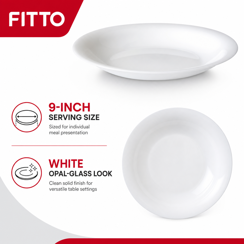 96 Pieces Opal Glass Soup Plate, 9 Inch, White Round Tablewares Dish