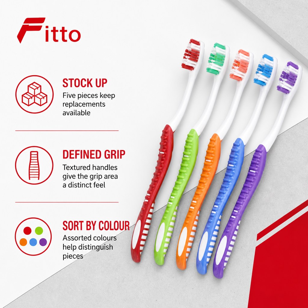 144 Pieces Adult Toothbrush Sets, Assorted Colours with Textured Handles, 5 Pieces