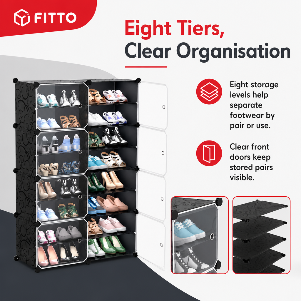 48 Pieces Black and Clear 8-Tier Shoe Storage Cabinet with Doors, 85 x 32 x 127 cm, 1 Unit