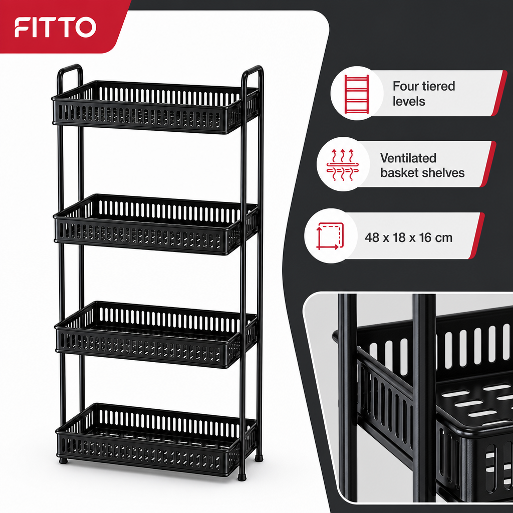 60 Pieces Four-Tier Metal Storage Rack with Ventilated Basket Shelves, Black