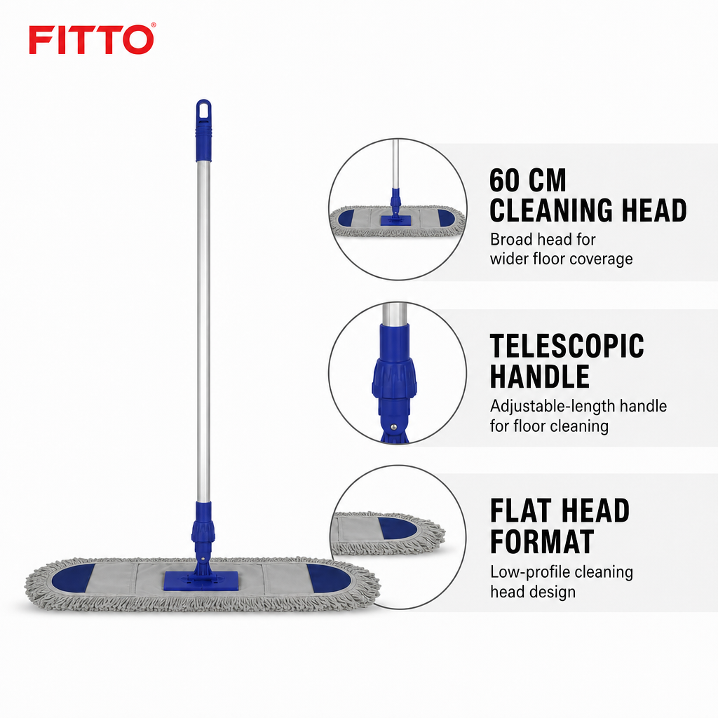 60 Pieces Flat Mop with Telescopic Aluminium Handle, 60 cm Cleaning Head