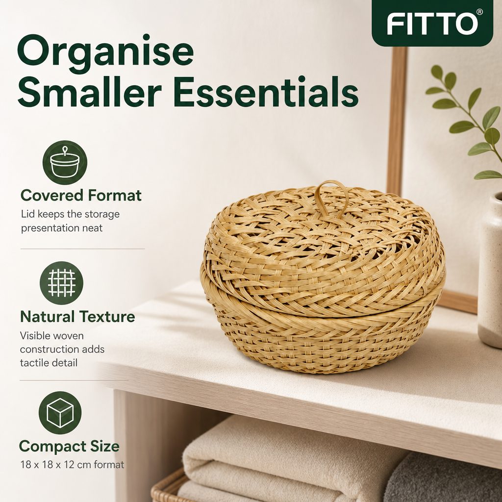 96 Pieces Round Woven Storage Box with Lid, Natural, 18 x 18 x 12 cm