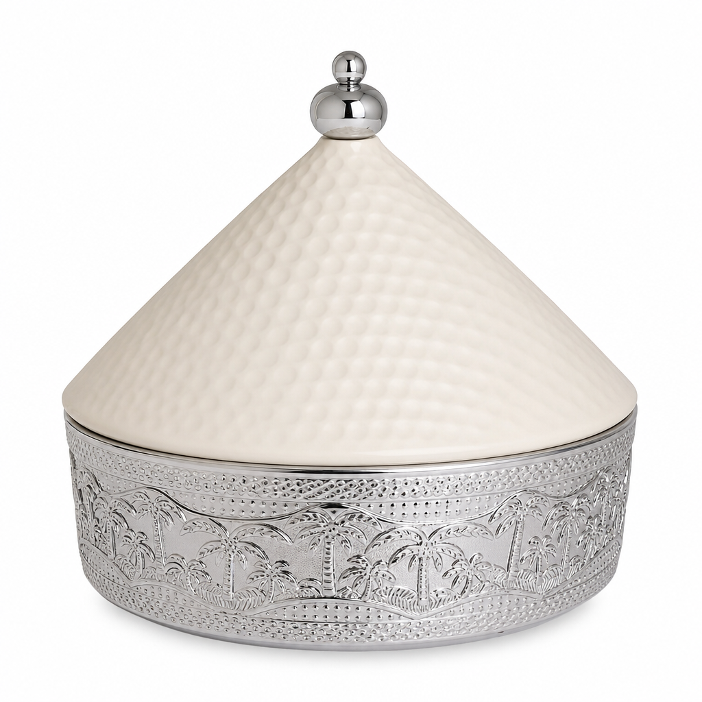 48 Pieces Ceramic Tagine Serving Casserole, White and Silver, Ornate Lidded Cookwares, 32 cm, 1 Piece