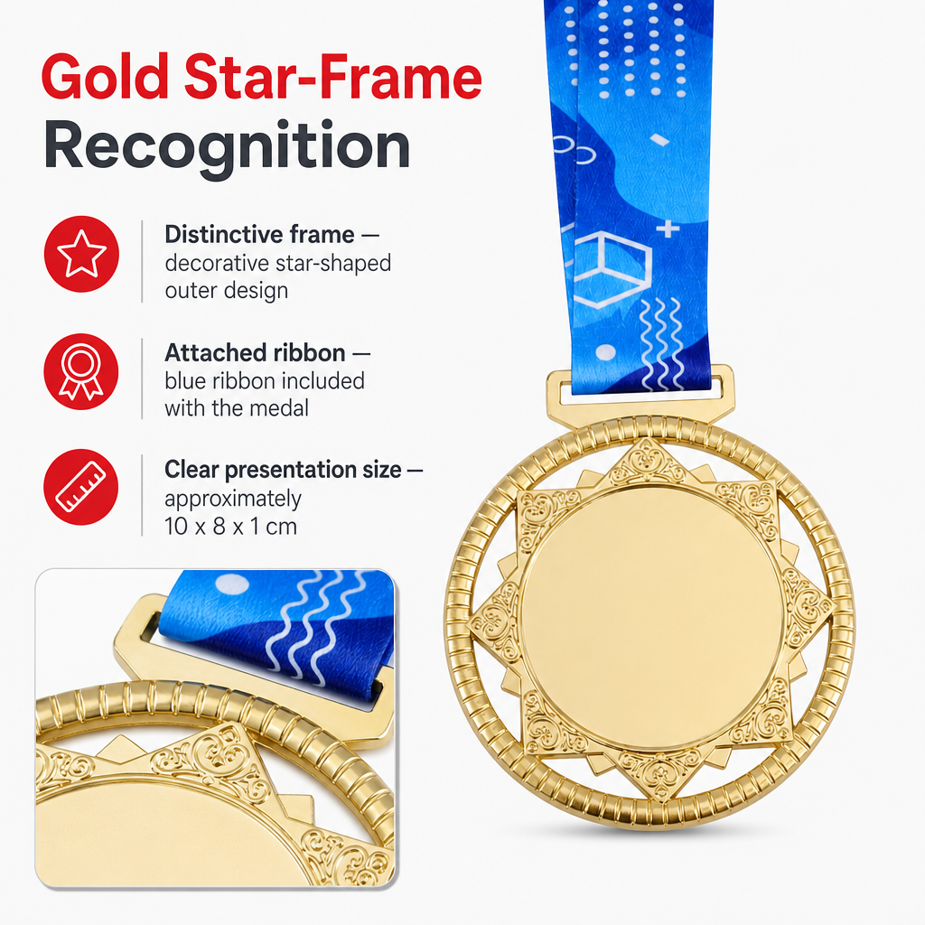144 Pieces Star Frame Sports Medal with Blue Ribbon, Gold, 10 x 8 cm