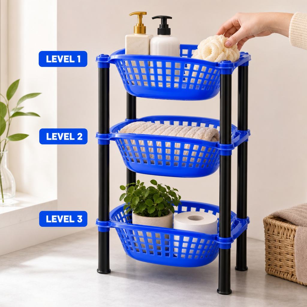 72 Pieces 3-Tier Plastic Storage Basket Rack, Blue and Black, Vertical Organizer for Home, Kitchen, Bathroom or Laundry, 1 Unit