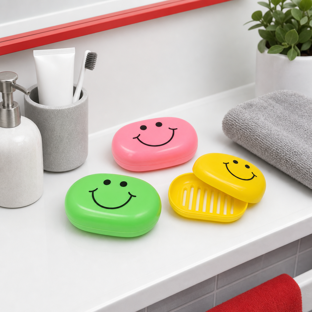 240 Pieces Pink Green and Yellow Smiley Plastic Soap Cases, 3 Pieces