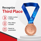144 Pieces 3rd Place Award Medal with Blue Ribbon, Bronze Finish, Single Medal
