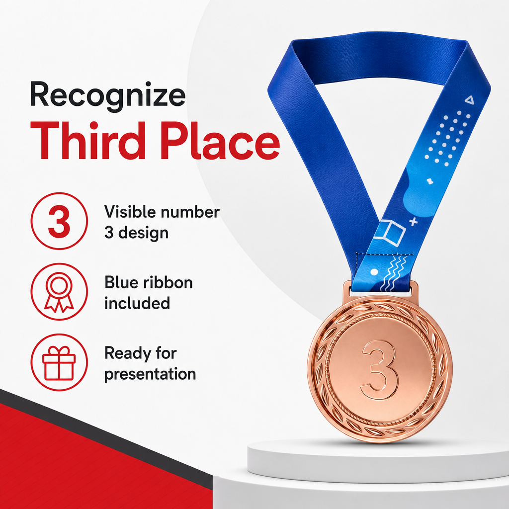 144 Pieces 3rd Place Award Medal with Blue Ribbon, Bronze Finish, Single Medal