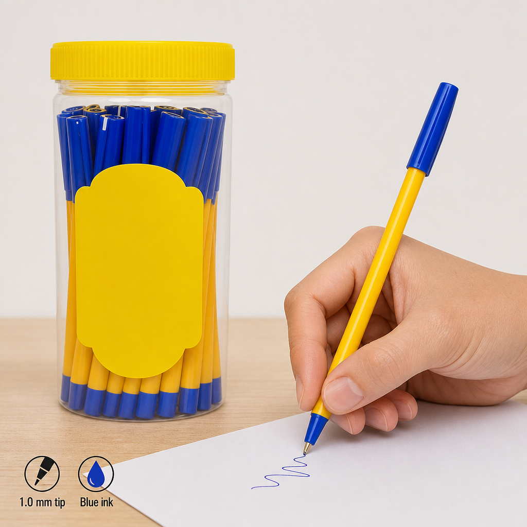 96 Pieces Ball Pens, 1.0mm Blue Ink, Yellow and Blue Body, 25 Pack