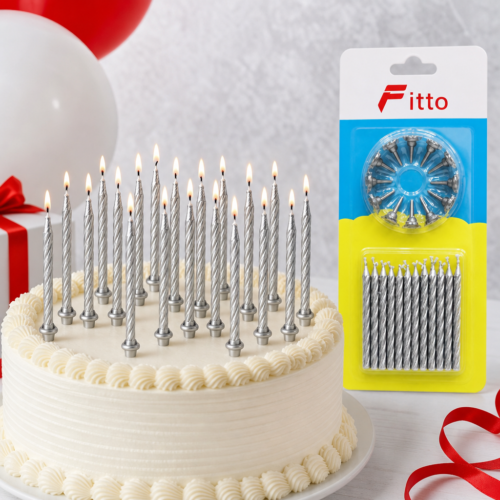 144 Pieces Silver Cake Candles, 24 Pieces with 12 Holders for Celebration Cakes