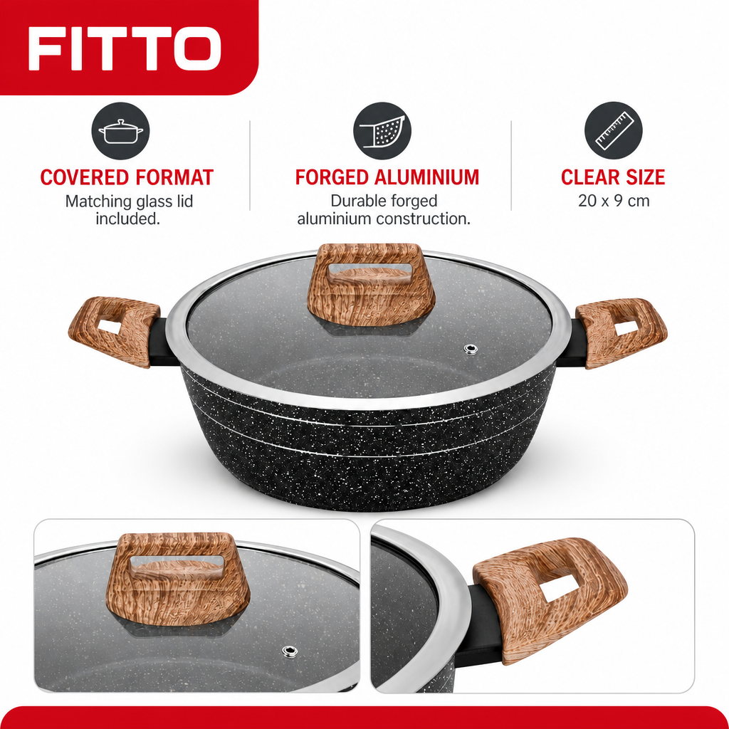 48 Pieces Forged Aluminium Casserole with Glass Lid, 20 x 9 cm, Black Speckled