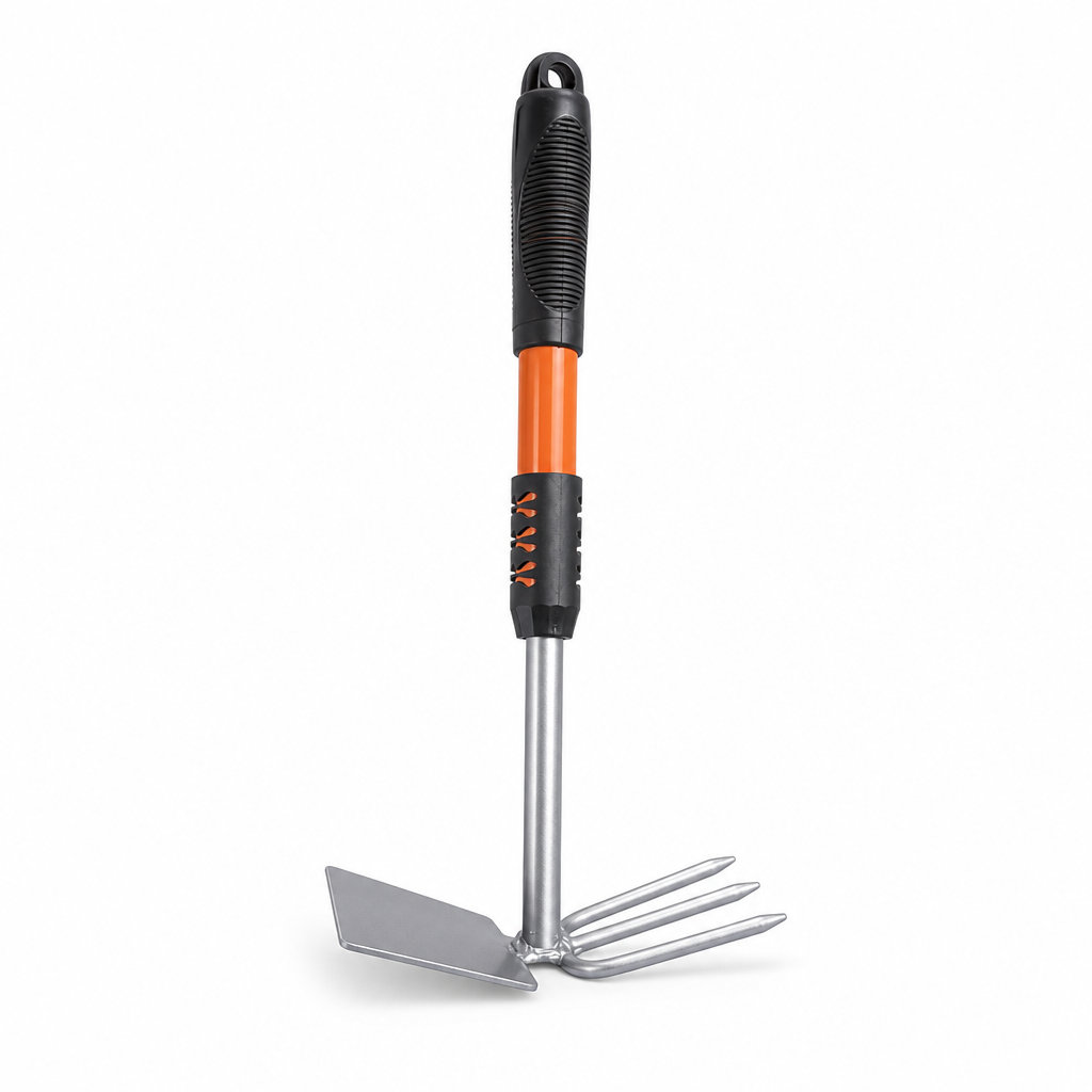 120 Pieces Dual-Head Garden Hand Tools with Flat Hoe Blade and 3-Prong Cultivator Rake, 35 cm, Silver Black Orange
