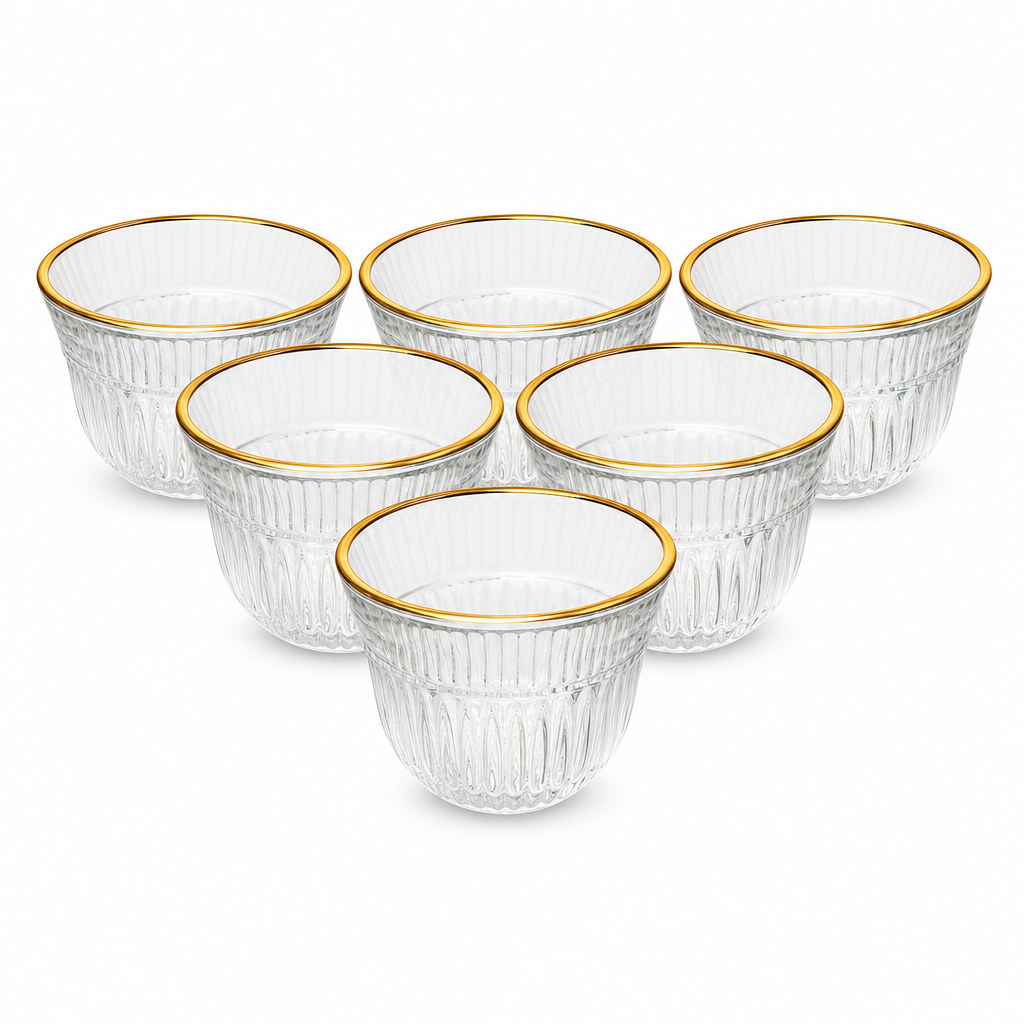 96 Pieces Clear Glass Cawa Cups with Gold-Tone Rims, Fluted Design, 6-Piece Set