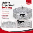 72 Pieces Clear Round Sectioned Serving Bowl with Lid and Silver Floral Metal Frame, 34 x 34 x 24 cm