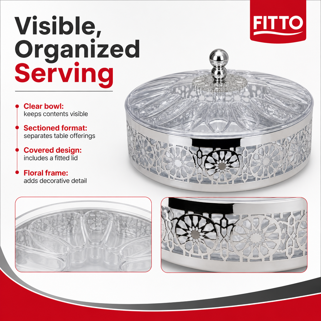 72 Pieces Clear Round Sectioned Serving Bowl with Lid and Silver Floral Metal Frame, 34 x 34 x 24 cm