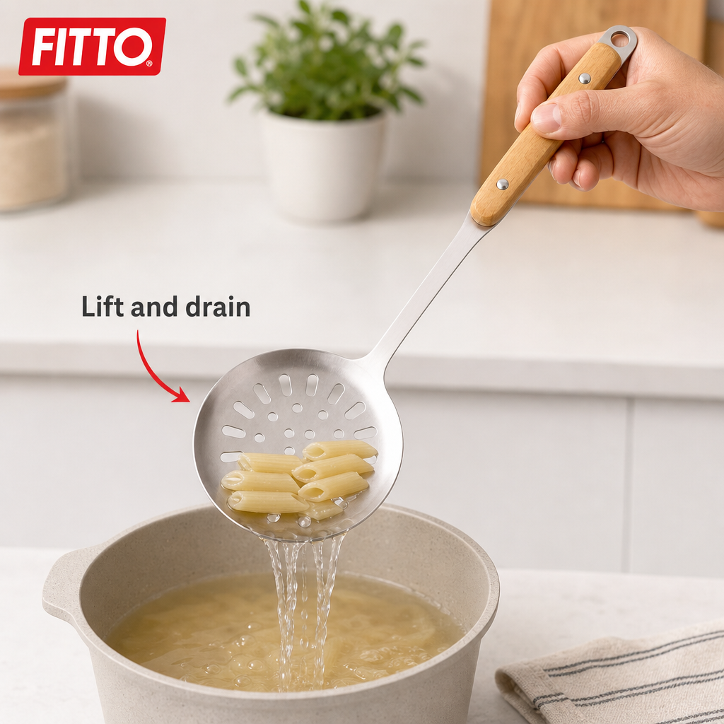 120 Pieces Stainless Steel Slotted Skimmer with Wooden Handle, 35 cm