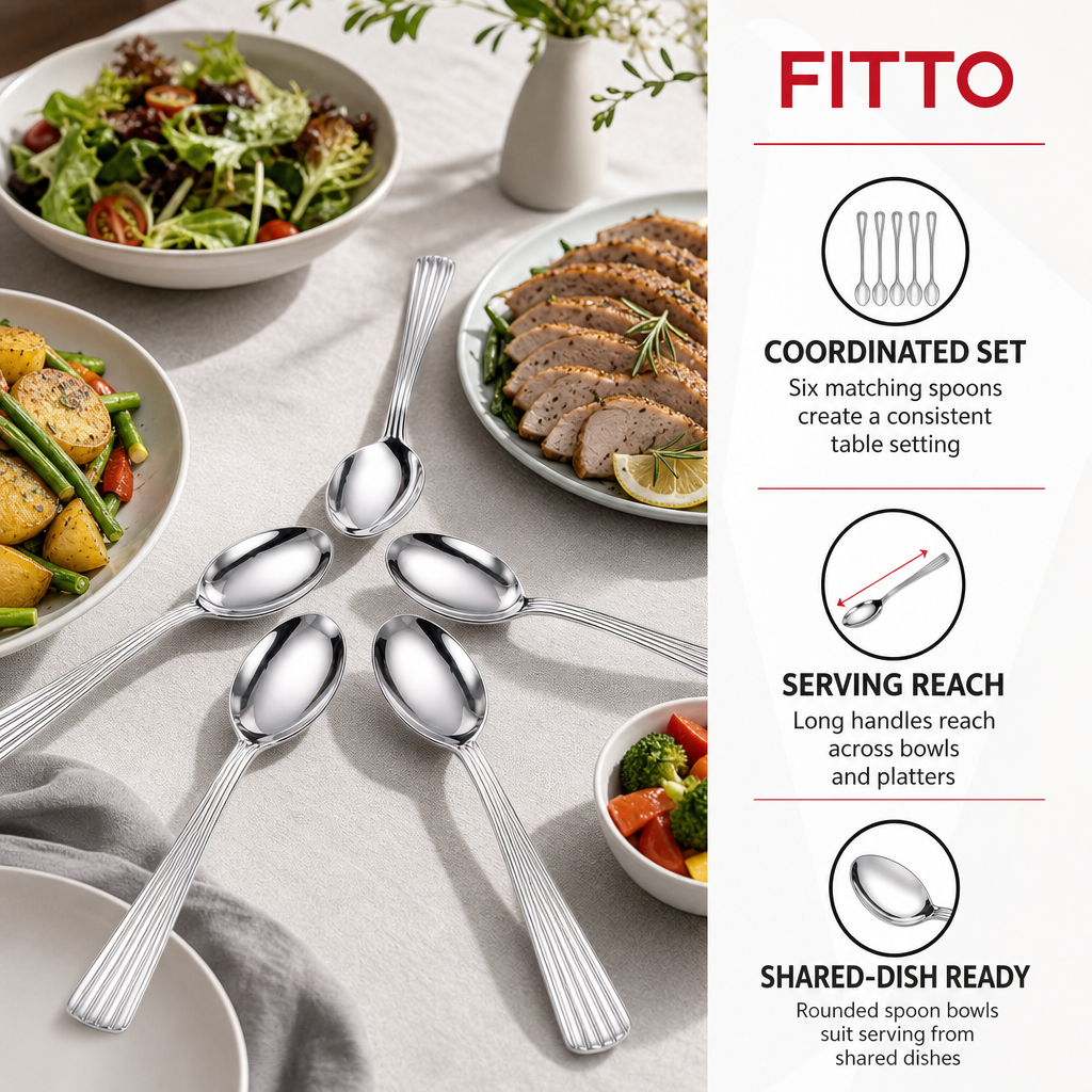 96 Pieces Stainless Steel Serving Spoon Set, 6 Pieces, Silver Tablewares Utensils for Dining and Buffet Serving
