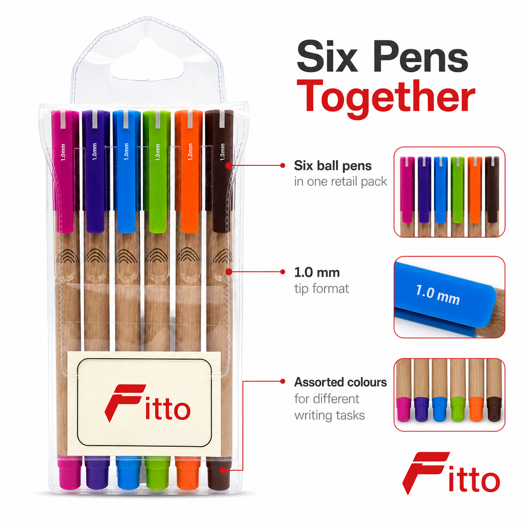 144 Pieces Ball Pens, 1.0 mm, Assorted Colours, 6-Pack