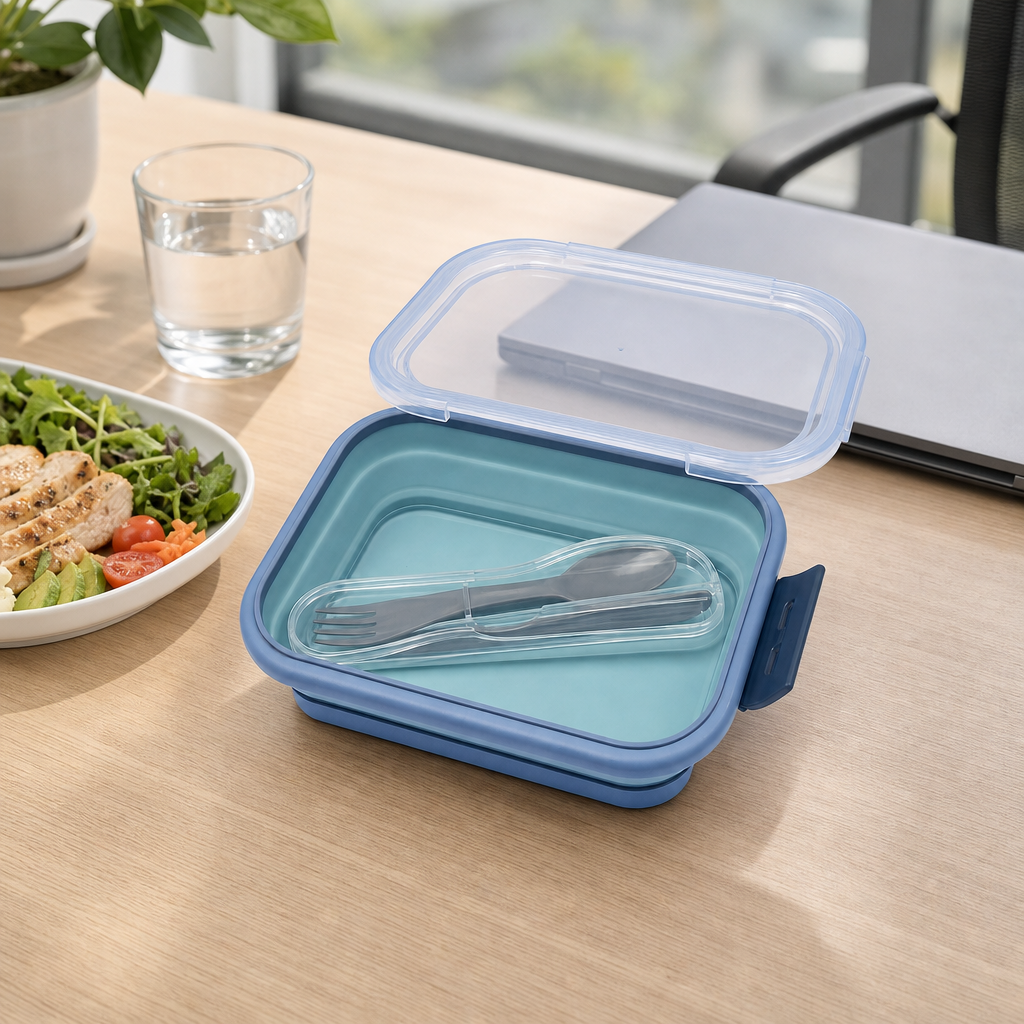 72 Pieces Collapsible Lunch Box with Cutlery, Blue, 15.5 cm