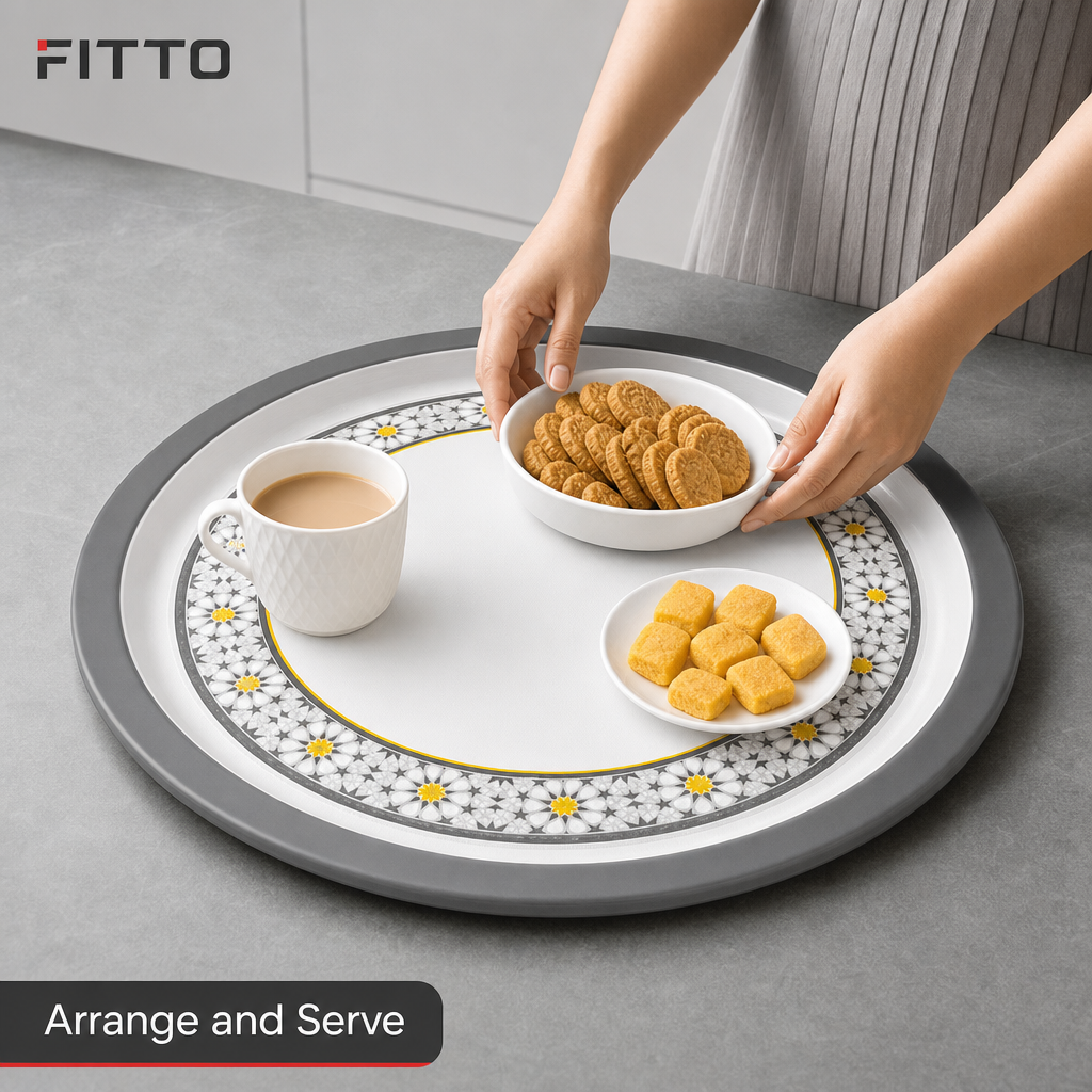 60 Pieces Round Woven Serving Trays, 60 cm, White with Floral Pattern