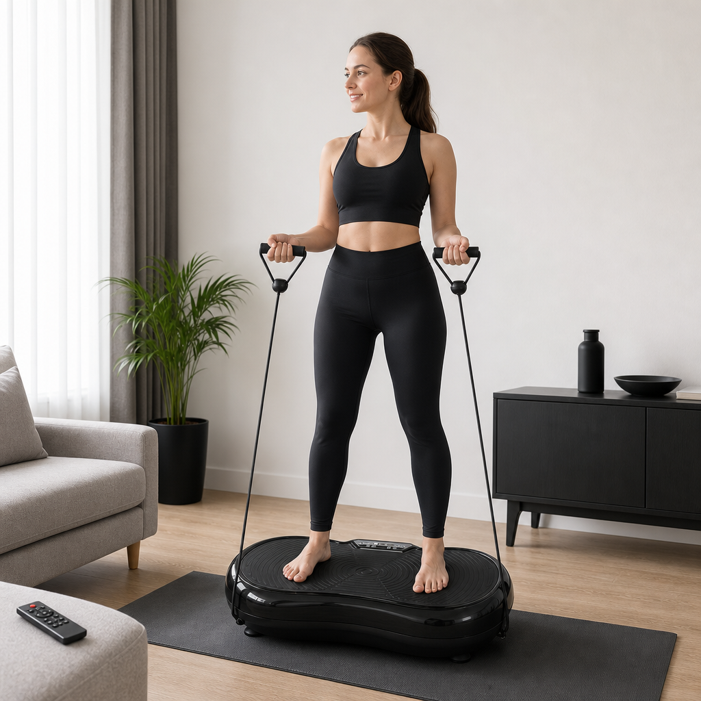 48 Pieces Large Vibration Exercise Platforms with Resistance Bands and Remote, Plastic Housing, Black
