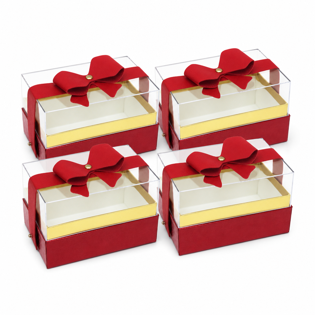 72 Pieces Acrylic Presentation Boxes with Ribbon, Red Rectangular Clear-Top Boxes, 14 x 9 x 9 cm, 4 Pieces