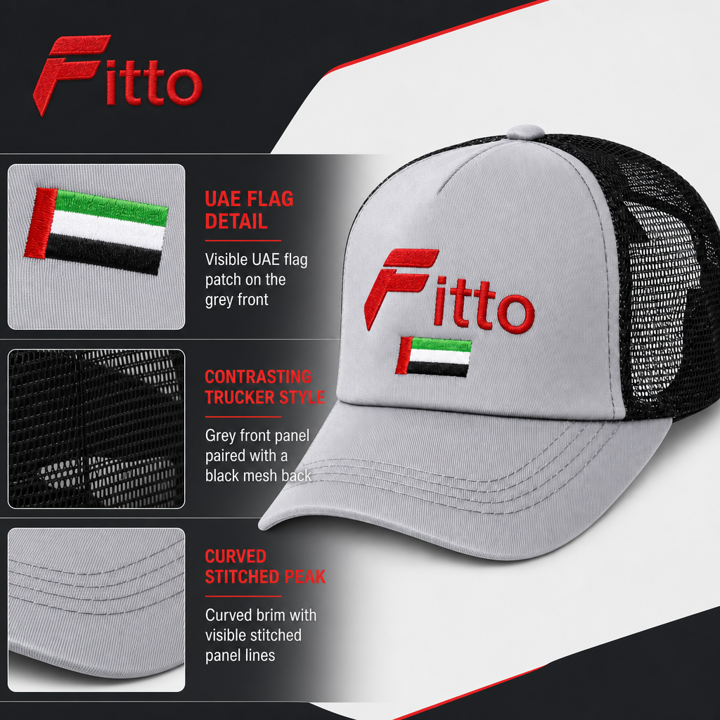 120 Pieces Grey and Black Trucker Cap with UAE Flag Detail, Mesh Back, Curved Brim, 1 Piece