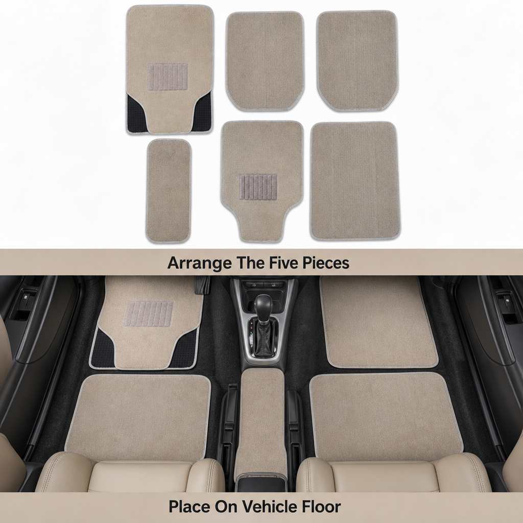 72 Pieces Universal Car Floor Mat Sets, Beige Carpet-Style Cut-Out Design, 5-Piece