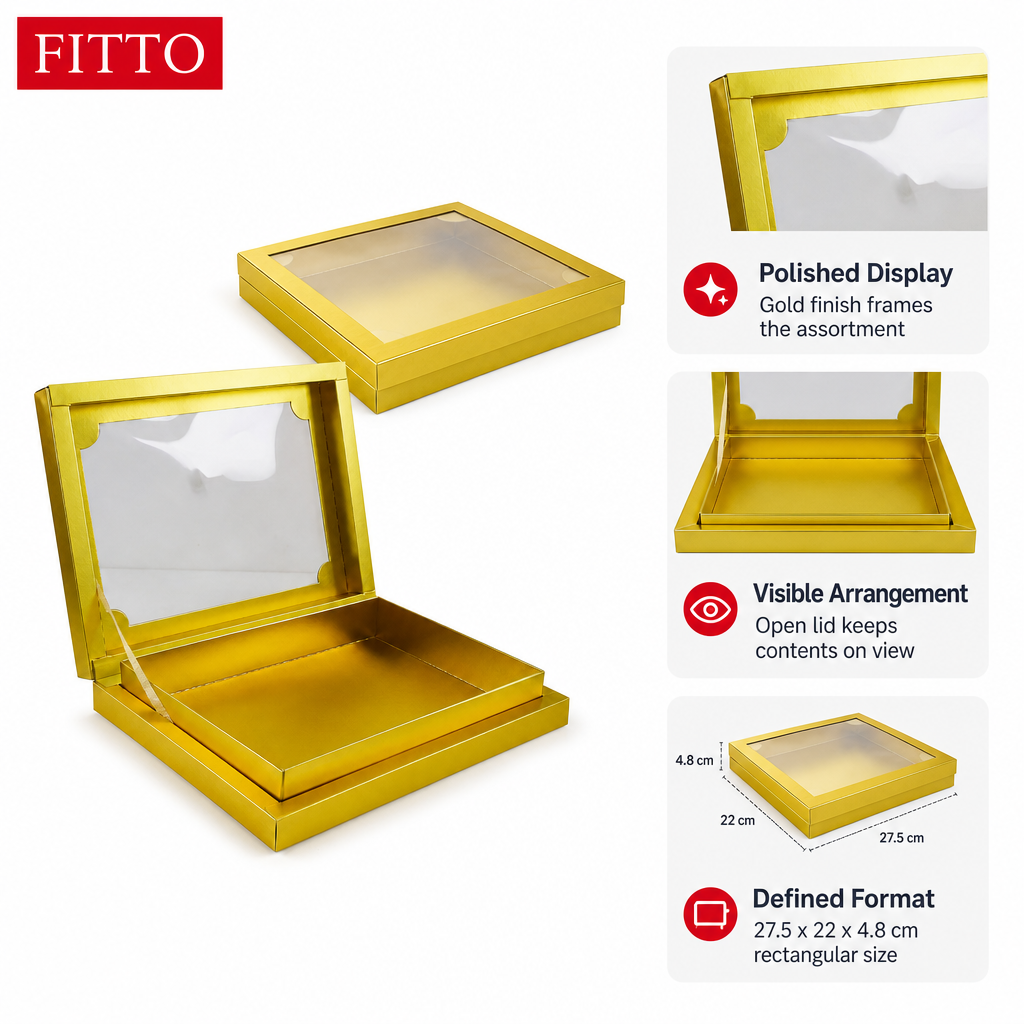 96 Pieces Gold Rectangular Chocolate Box With Ribbon, 27.5 x 22 x 4.8 cm, 1 Piece