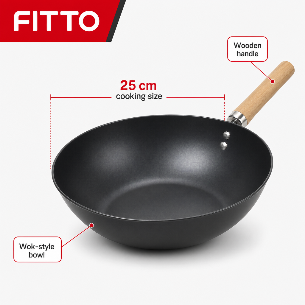 96 Pieces Non-Stick Wok Frying Pan with Wooden Handle, 25 cm