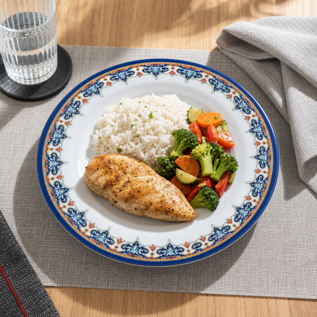 120 Pieces Melamine Dinner Plate, 9 Inch, White With Blue Decorative Border