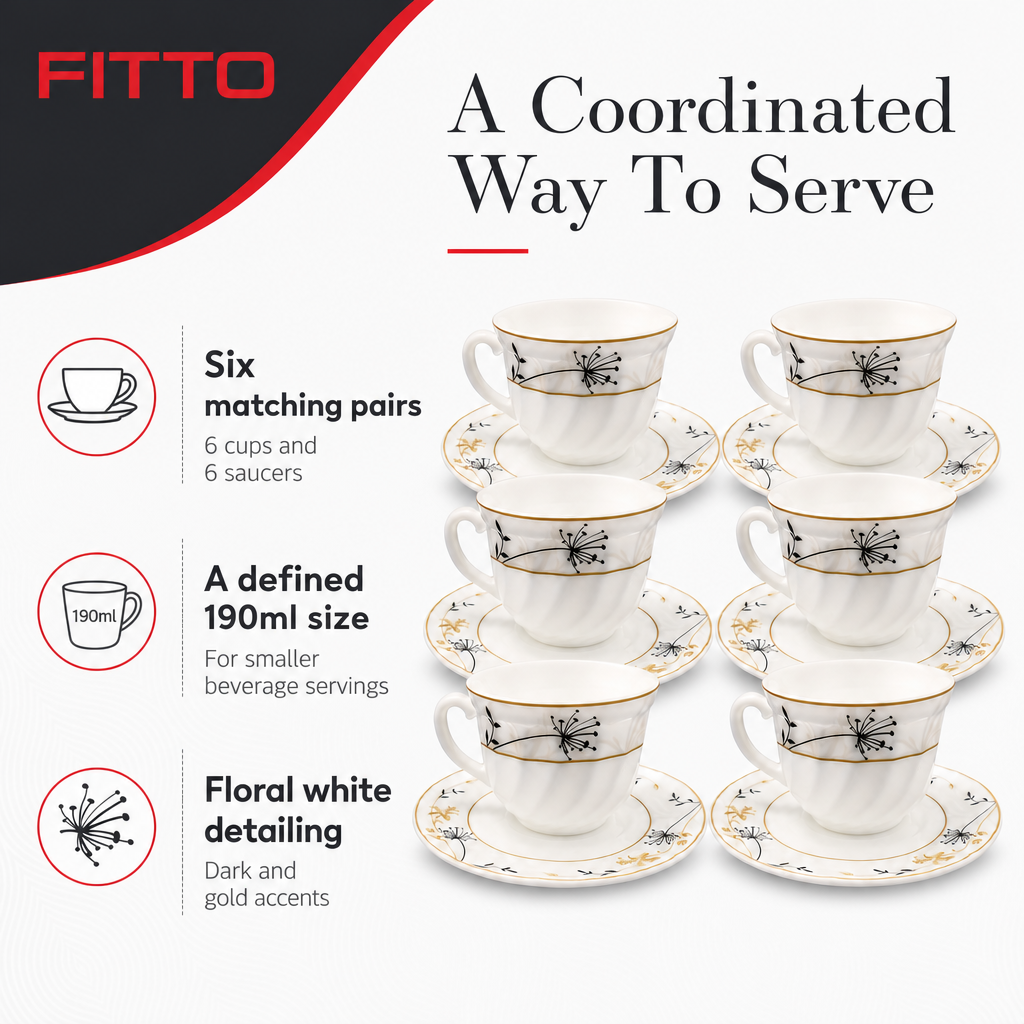 48 Pieces Opal Cup and Saucer Set, 190ml, 12 Pieces, 6 Cups with 6 Saucers, Floral White Design