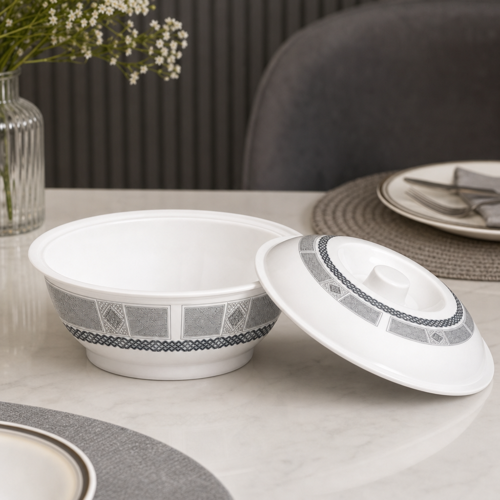 96 Pieces Melamine Bowl with Lid, 8 Inch, White and Grey Pattern