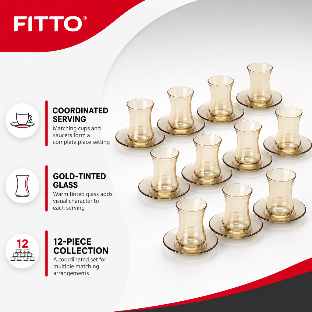 60 Pieces Glass Tea Cup and Saucer Set, Gold Tint, 12 Pieces