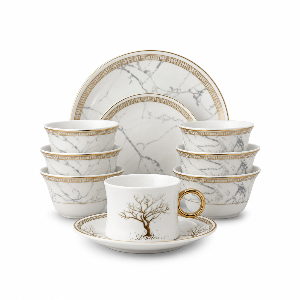 96 Pieces Ceramic Cup and Saucer Set, White and Gold, 12 Pieces