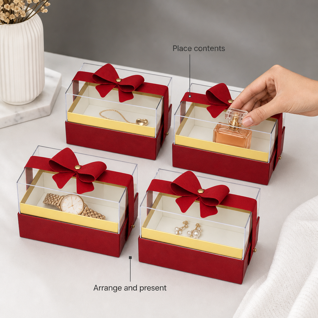 72 Pieces Acrylic Presentation Boxes with Ribbon, Red Rectangular Clear-Top Boxes, 14 x 9 x 9 cm, 4 Pieces