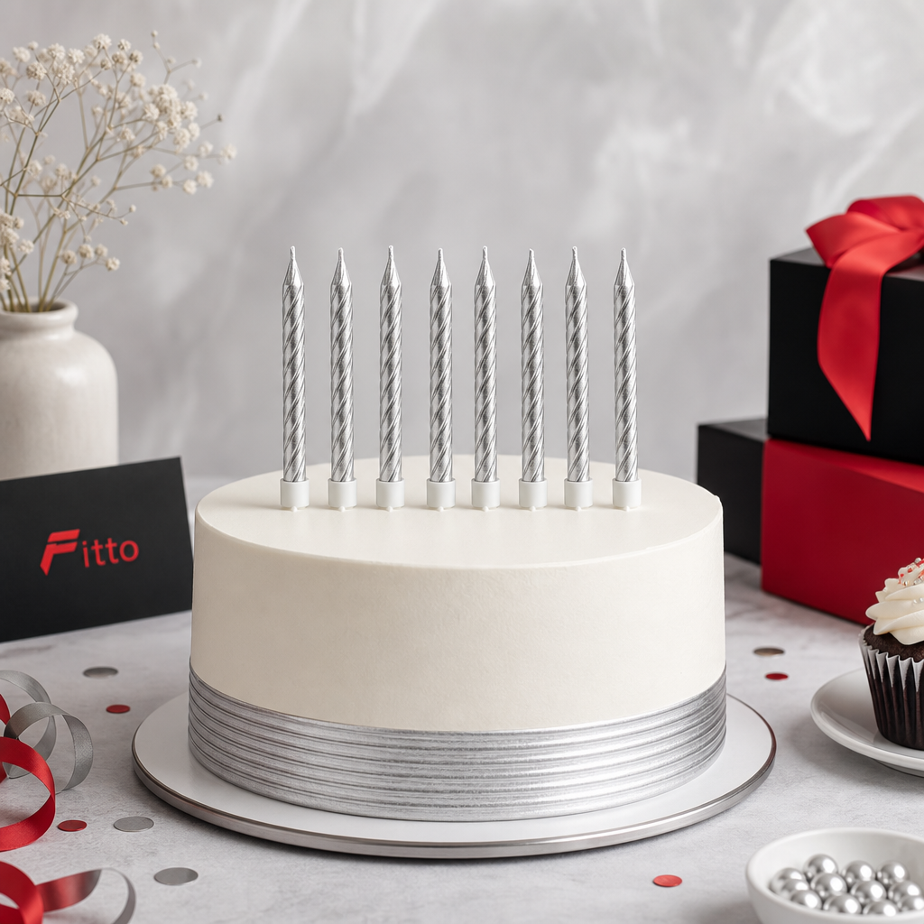 144 Pieces Silver Birthday Candles with Holders, 8-Piece Cake Decoration Set