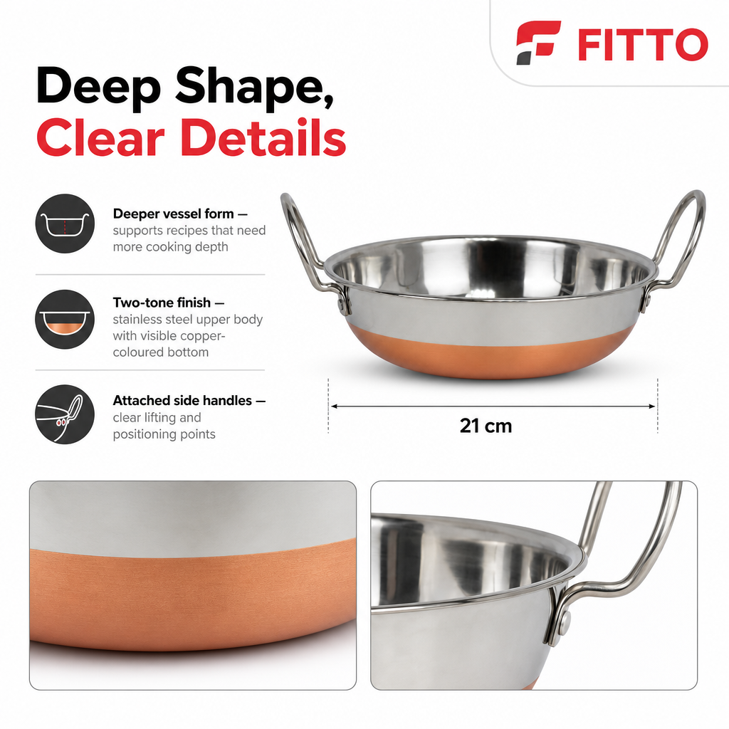 72 Pieces Stainless Steel Deep Frying Kadai with Copper Bottom, 21 cm