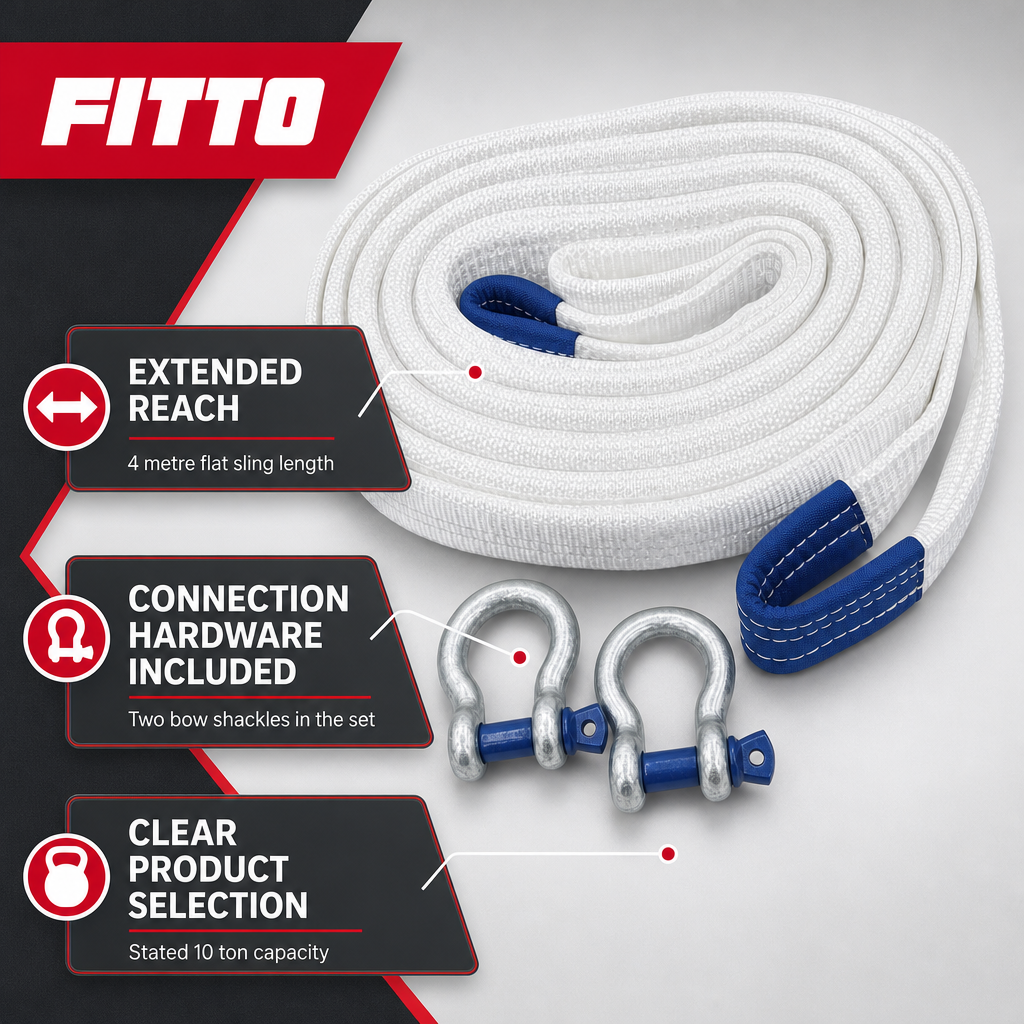 60 Pieces Heavy-Duty Polyester Flat Lift Sling Strap with 2 Bow Shackles, 10 Ton Capacity, 4 Meter, White, 1 Piece