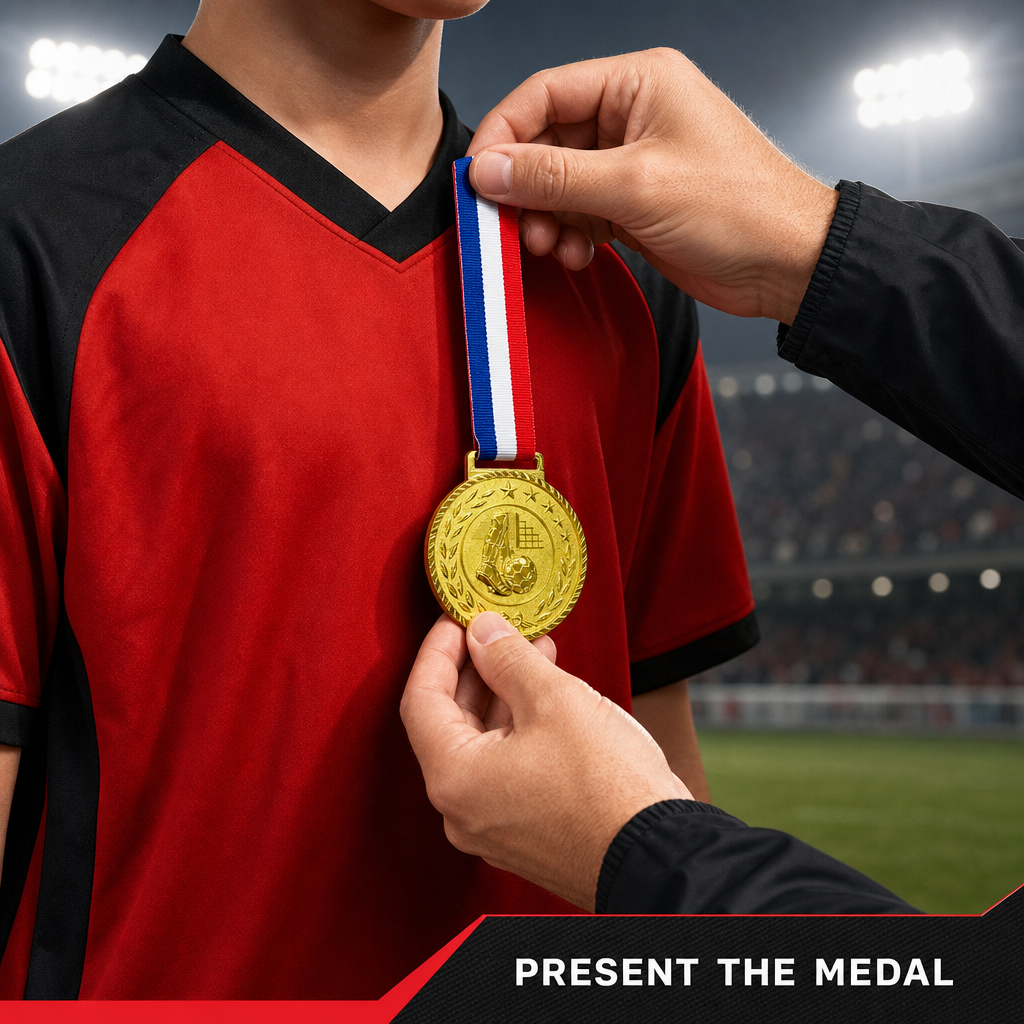 144 Pieces Football Sports Medal with Red White and Blue Ribbon, Gold