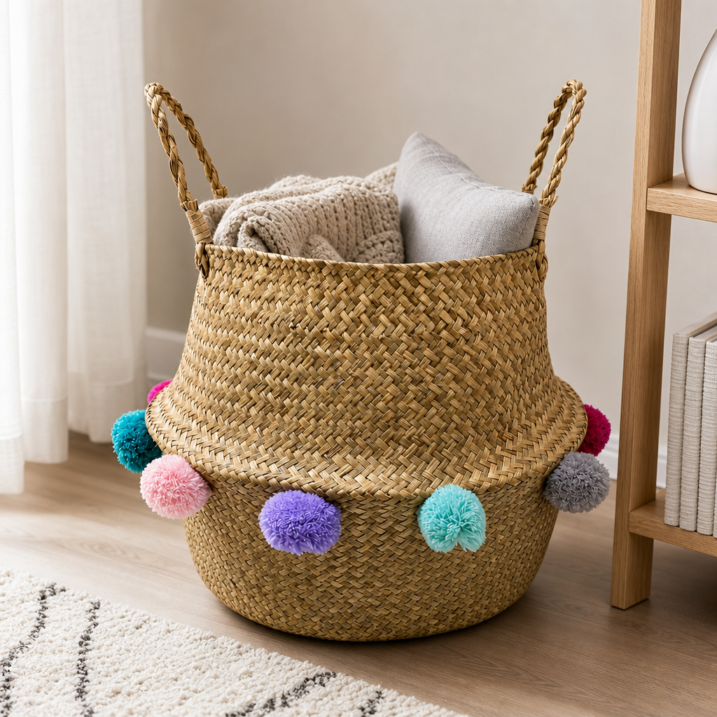 72 Pieces Woven Seagrass Basket with Pom Pom Trim, Natural Decorative Storage Basket with Handles, 35 x 35 x 32 cm