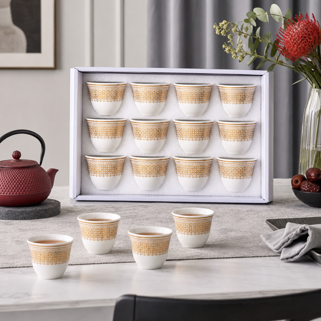 96 Pieces Ceramic Tea Cup Set, White And Gold, 12-Piece Drinkwares Collection