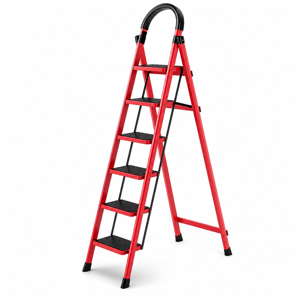 48 Pieces Folding Step Ladders, 6-Step Red Metal Ladder, Foldable Household Access Ladder, 1 Piece