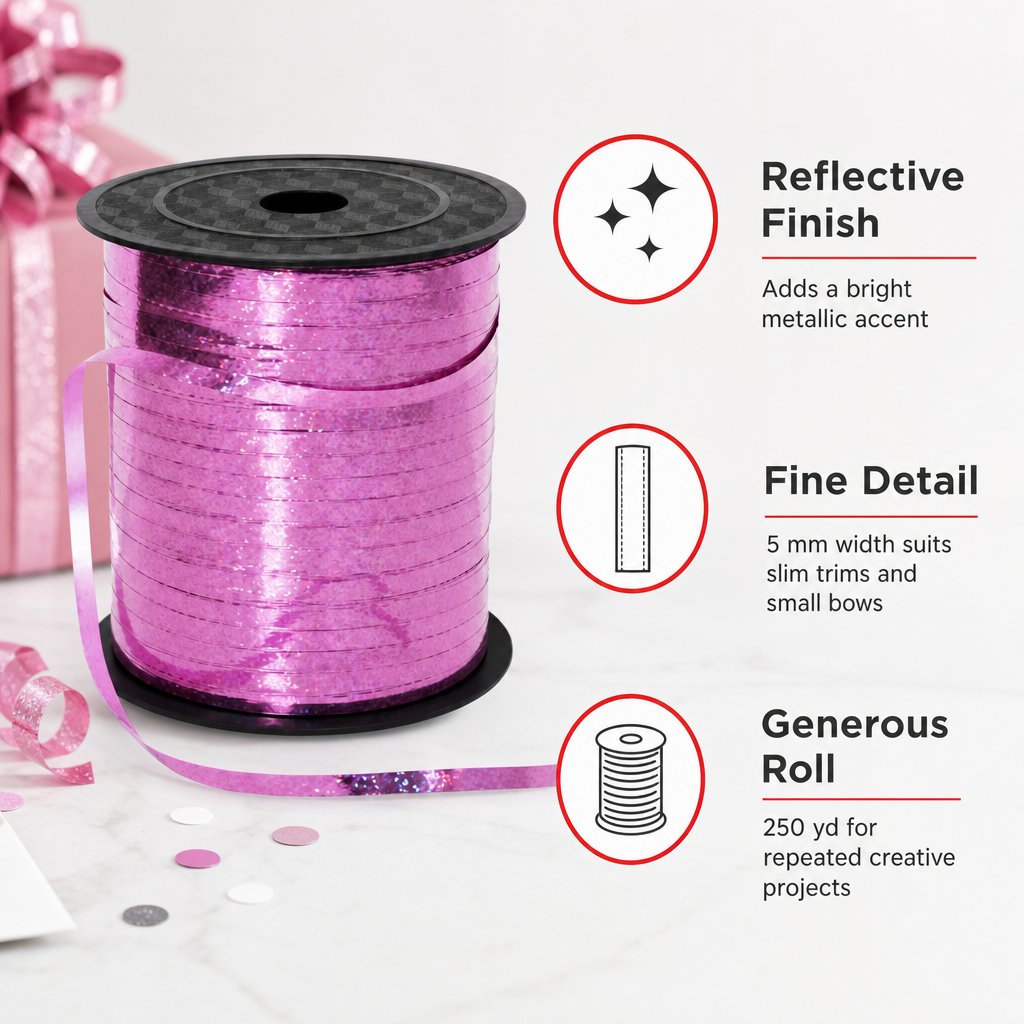 120 Pieces Pink Metallic Ribbon Roll, 5 mm x 250 yd, Decorative Craft Ribbon for Wrapping, Bows and DIY Projects