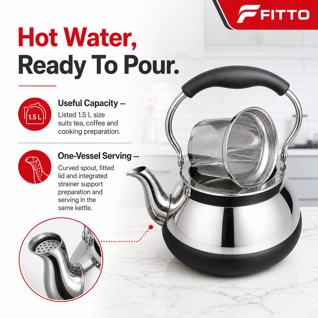 48 Pieces Stainless Steel Stovetop Kettle 1.5 L Silver and Black with Lid and Strainer, 1 Piece